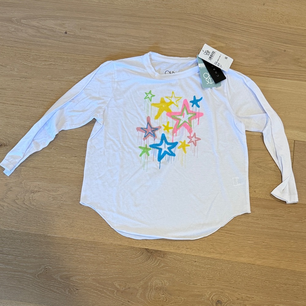 NWT Chaser Girls White Long Sleeve Tee with Colorful Stars size 12